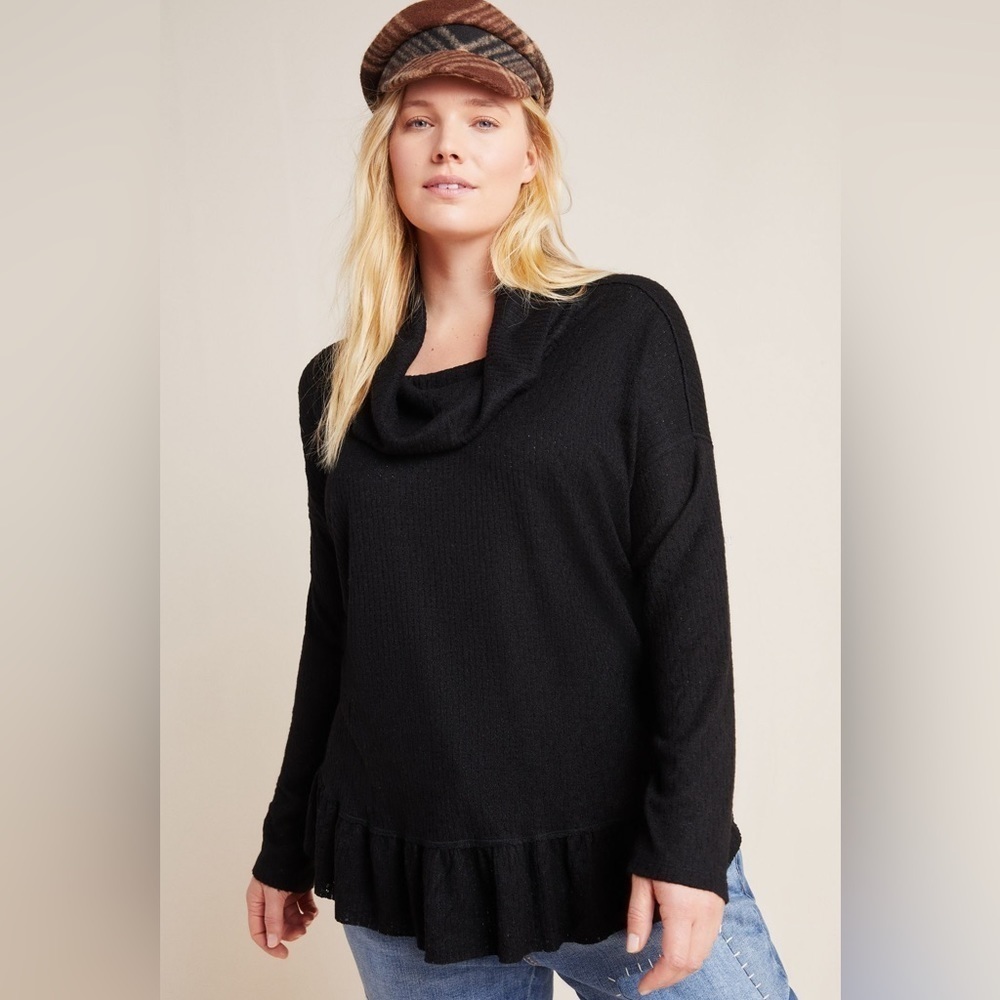 Anthropologie Maeve Black Cowlneck Addie Ruffled Hacci Pullover Long Sleeves Top